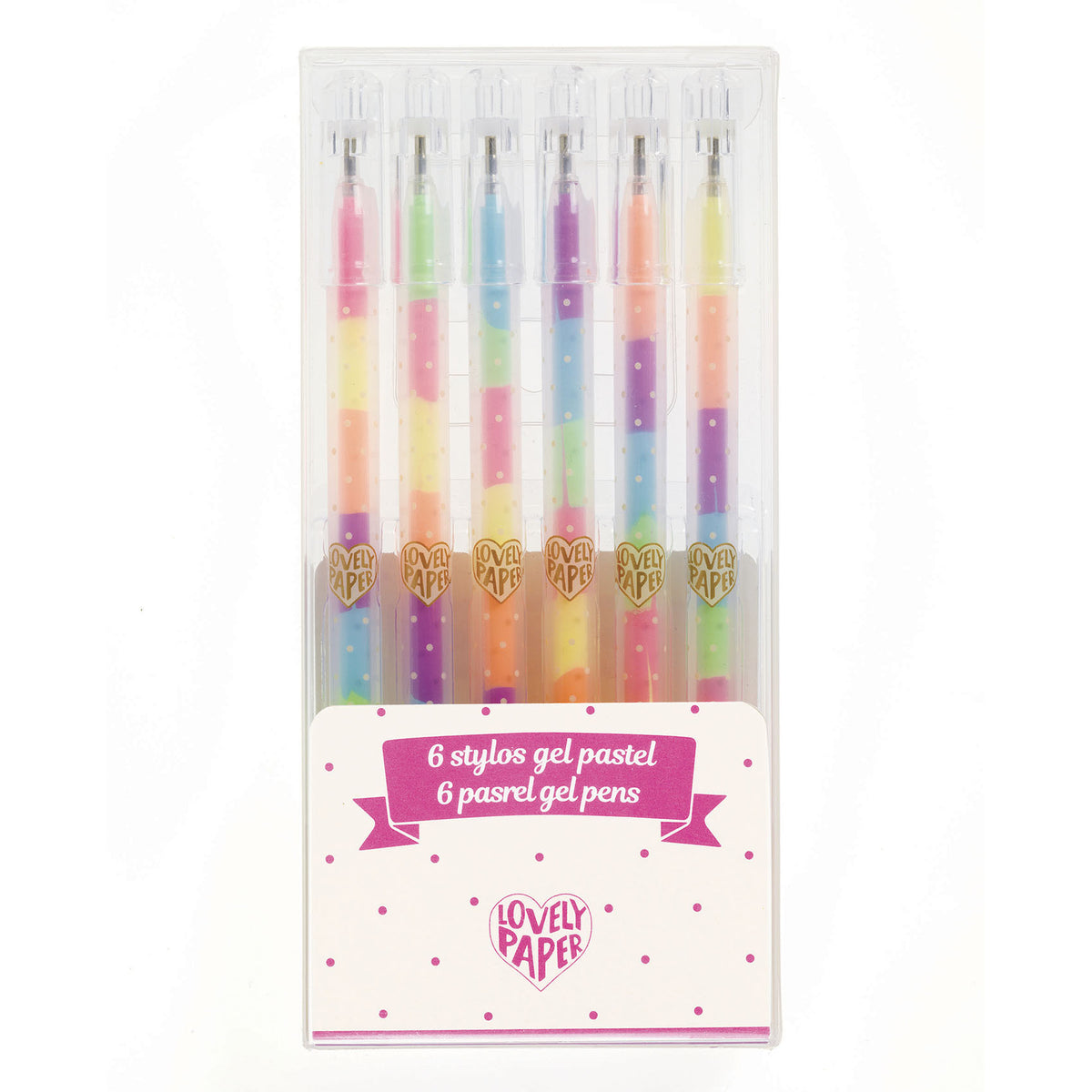 Diese Pastell Gel Stifte ändern beim Schreiben die Farbe  Inhalt: 6 Gelstifte mit 6 Farben pro Stift (gelb, orange, lila, grün, blau und rosa). Transparentes Etui. Durchsichtiges Gehäuse, um den Tintenstand zu sehen. Der gleichmäßige Fluss der Geltinte sorgt für eine gestochen scharfe, klare Schrift Maße Verpackung: 7,2 x 15,2 x 1,6 cm