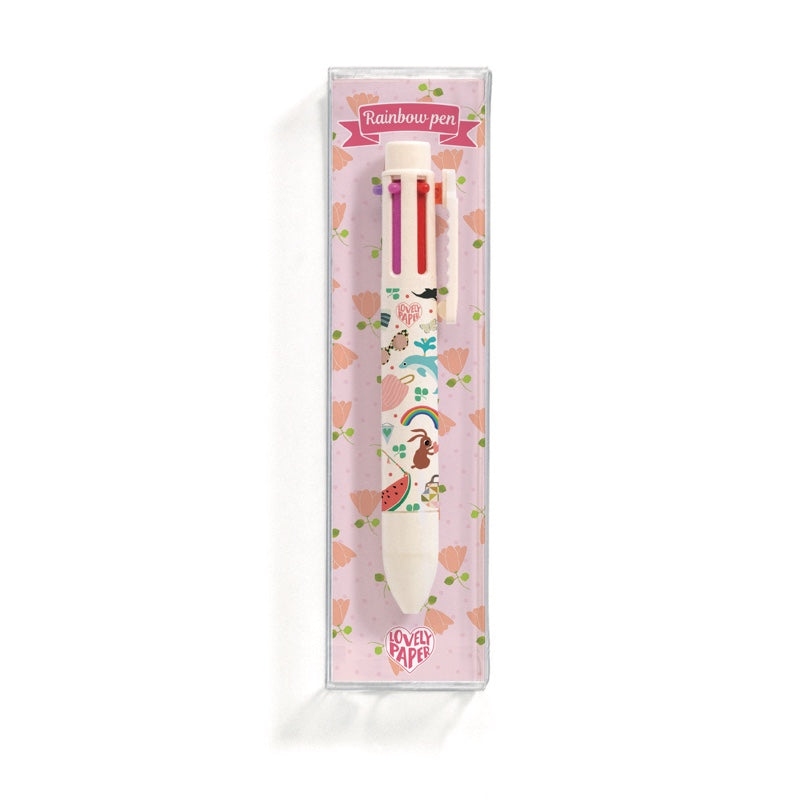 er hübsche Stift mit den 6 Mienen&nbsp;von Djeco&nbsp;macht die Welt mit einem Schlag bunter!

Der Stift hat innen dieselben Farben, das Außendesign gestaltet sich unterschiedlich.

Gelstift mit 6 Farben: Rot, Rosa, Violet, Blau, Grün, Orange.
Clip zum Befestigen am Heft. 