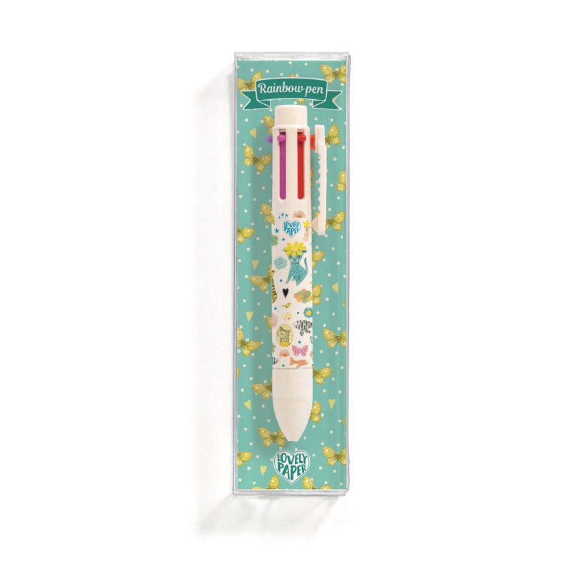 er hübsche Stift mit den 6 Mienen&nbsp;von Djeco&nbsp;macht die Welt mit einem Schlag bunter!

Der Stift hat innen dieselben Farben, das Außendesign gestaltet sich unterschiedlich.

Gelstift mit 6 Farben: Rot, Rosa, Violet, Blau, Grün, Orange.
Clip zum Befestigen am Heft. 