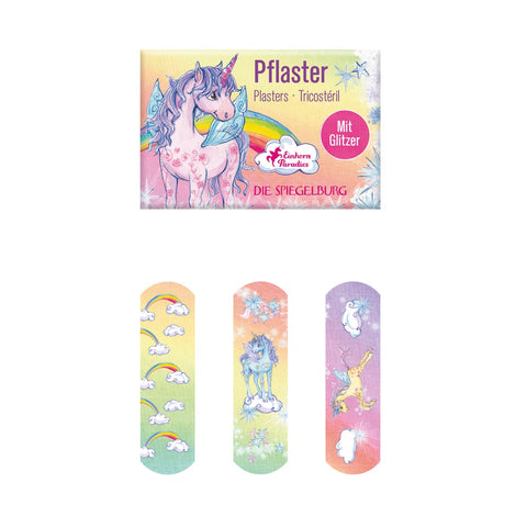 Mit diesen glitzernden Einhorn-Pflastern versiegen die Tränen schnell wieder. Set von 10 medizinischen Pflasterstrips mit farbigem Druck, in bunt bedruckten Briefchen. Pflaster mit Glitzer. Hypoallergen, atmungsaktiv und wasserfest