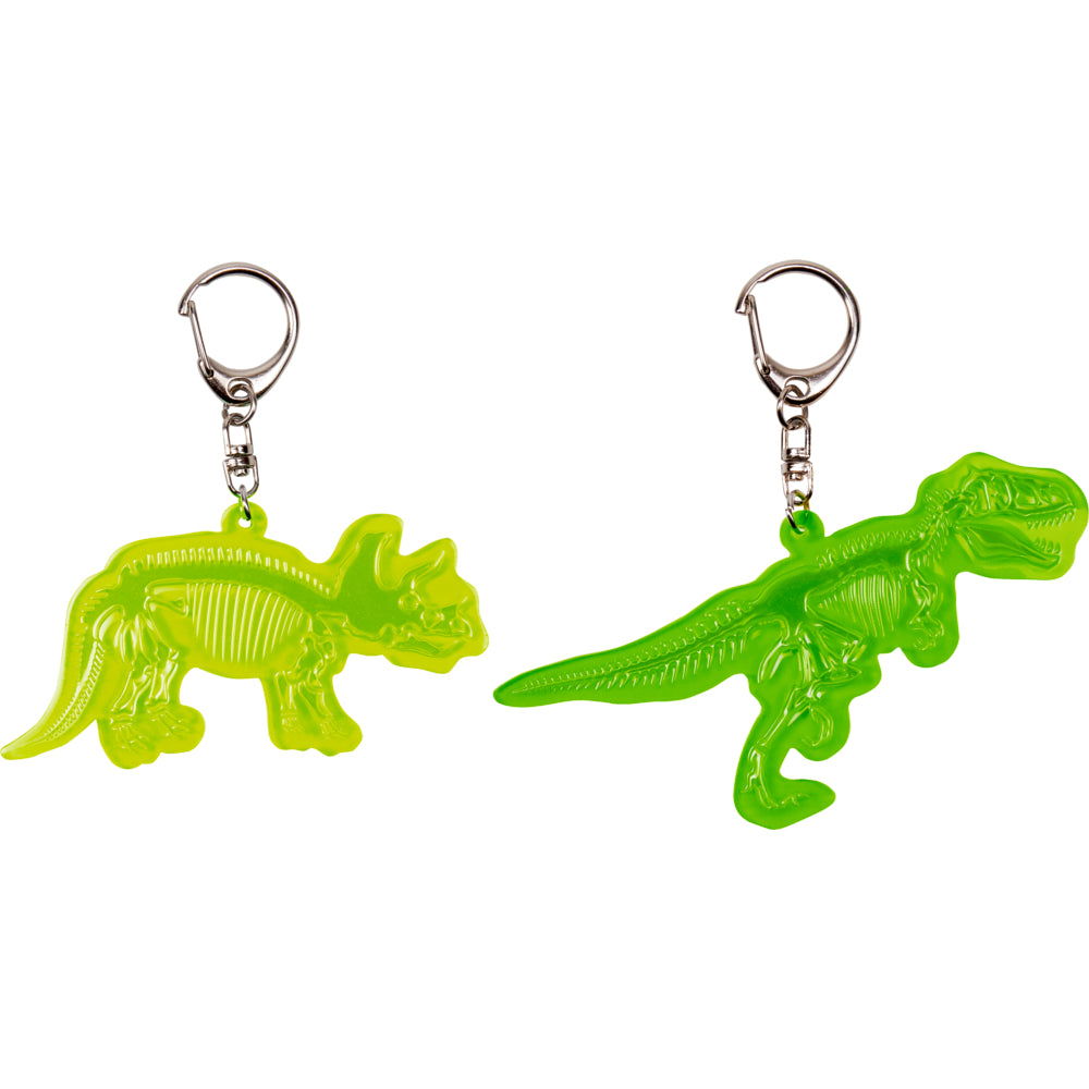 Dinosaurier-Anhänger in neon-grüner, reflektierender Farbe. Für Schlüsselbund, Rucksack und Co. Mit praktischem Klipp-Haken. Erhätlich in zwei Designs.  Der Preis gilt pro Stück. Aus logistischen Gründen ist leider keine individuelle Motivauswahl möglich.