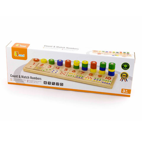 Pädagogisch wertvolles Zahlen- und Rechenspiel. Hier werden auf spielerische Weise der Umgang mit Zahlen und ersten Rechenaufgaben geübt. Enthält 55 Holzringe und 20 Holzquadrate mit Zahlen und Würfelpunkten. Die passende Anzahl von Ringen in den richtigen Farben wird auf die Stäbe gesteckt
