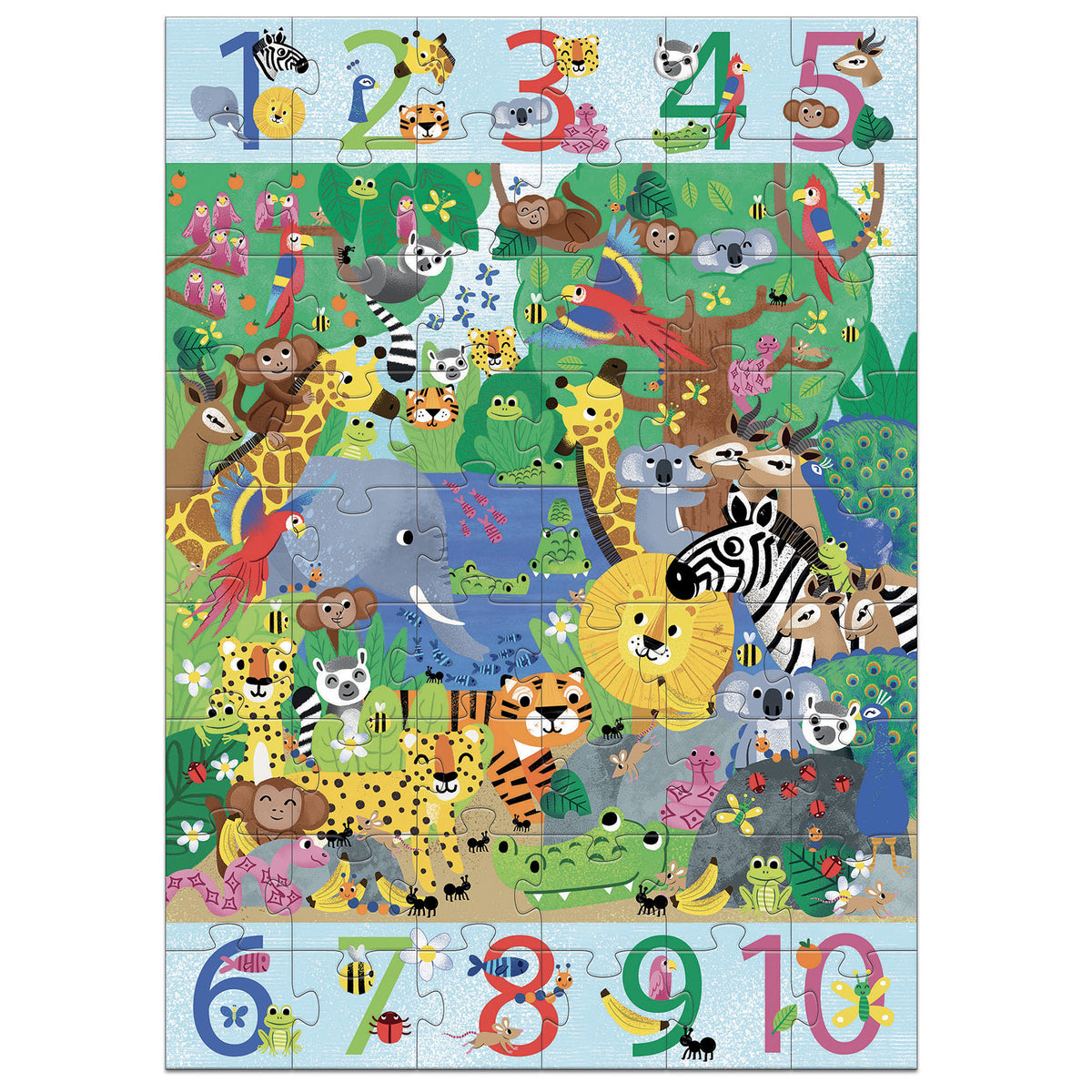 Puzzle Jungle von Djeco  3 in 1: ein Puzzle, ein Such- und Findespiel und ein Spiel, um das Zählen von 1 bis 10 zu erlernen.  Ein Riesen-Puzzle, aber das ist längst noch nicht alles! Nach dem Aufbau des Puzzles entdeckt das Kind ein Such- und Findespiel, bei dem es die auf dem Rand abgebildeten Elemente in den angegebenen Mengen finden muss. Ein Puzzle, ein Beobachtungsspiel und erste Erfahrungen mit dem Zählen.