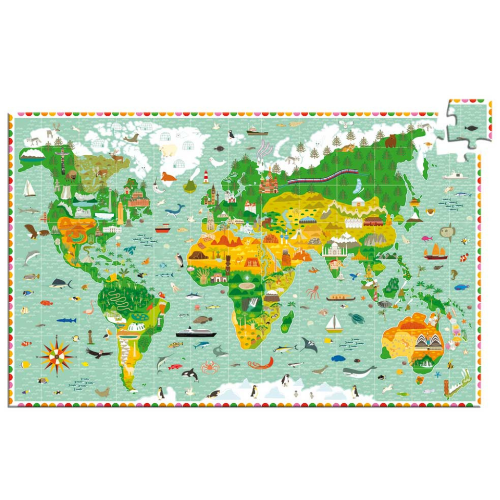 Das Puzzle Around the World von Djeco schafft es, Lernen und Spaß zu verbinden. Kinder ab 6 Jahren puzzeln aus insgesamt 200 Teilen eine ganz besondere Weltkarte. Das erfordert feinmotorisches Geschick und Konzentration, denn das Puzzle ist farbenfroh und detailreich gestaltet. Auf den Kontinenten und in den Weltmeeren gibt es dabei viele geschichtsträchtigen Sehenswürdigkeiten zu entdecken.