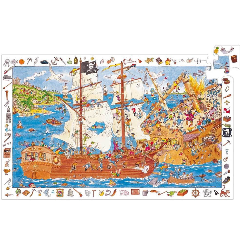 Doppelter Rätselspaß für junge Puzzle-Freunde! Aus 100 Teilen lässt sich ein aufregendes Piratenmotiv zusammensetzen. Anschließend versuchen die Kinder, die  Motive am Bildrand im Hauptmotiv wiederzufinden. Ein riesiges Vergnügen - alleine oder gemeinsam!
