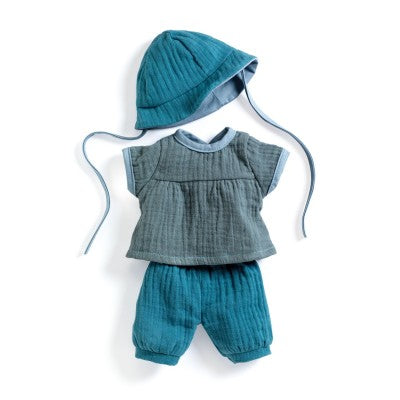 Sommer Es ist Sommer! Ein sommerliches und sehr leichtes Outfit aus Doppelgaze aus 100 % Baumwolle, bestehend aus einem Bloomer, einem kurzärmeligen Hemd und einem kleinen Stoffhut, um Babys vor der Sonne zu schützen.