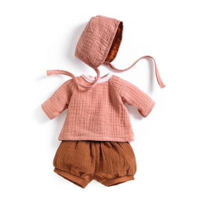 Sommer Es ist Sommer! Ein sommerliches und sehr leichtes Outfit aus Doppelgaze aus 100 % Baumwolle, bestehend aus einem Bloomer, einem kurzärmeligen Hemd und einem kleinen Stoffhut, um Babys vor der Sonne zu schützen.