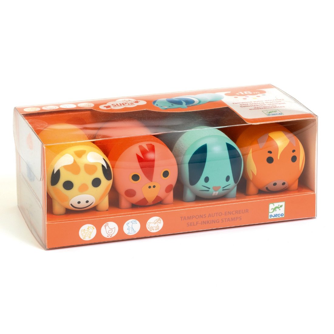 Ein tierisches Stempel-Set von Djeco für jeden, der gerne bastelt und dekoriert.  Die Kolben sind leicht zu halten für die Kleinen und es stempelt sauber, weil die Farbe im Inneren ist. Daher ist kein Stempelkissen erforderlich.   Mit den vier niedlichen Bauernhoftieren lassen sich tolle Geschichten erzählen und Hefte verschönern. Dank einfacher Linien und weiten Flächen kann man die Figuren ganz einfach mit Buntstiften ausmalen. 