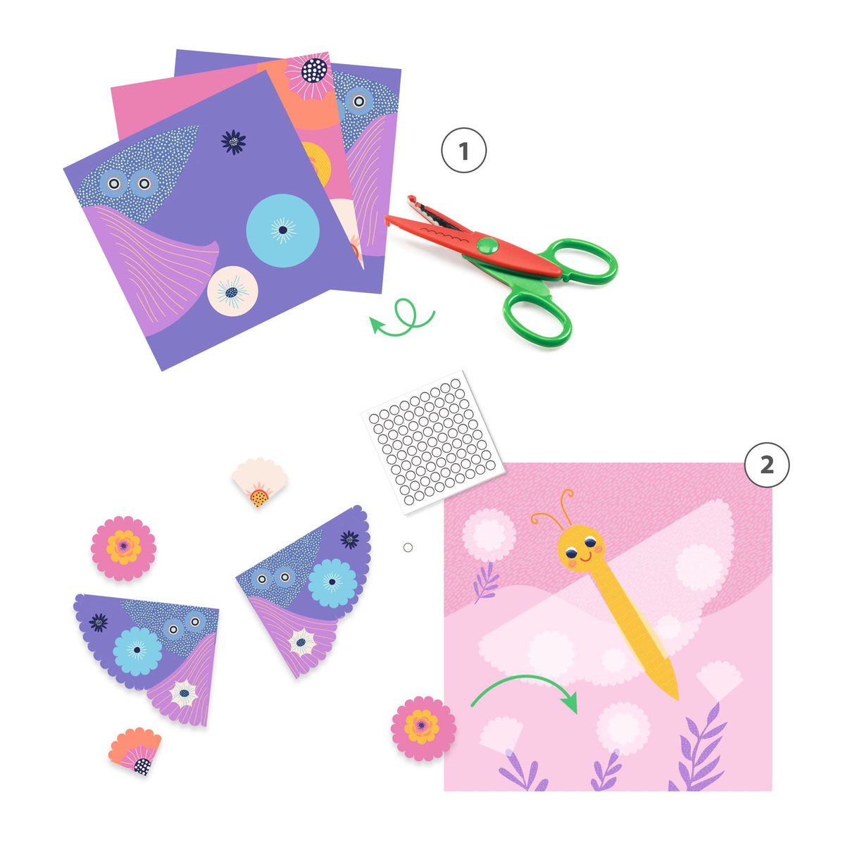 Ein Set zum Ausschneiden mit einer gezackten Schere - eine Aktivität, die Kinder lieben! Das Kind schneidet die Bögen mit der gezackten Schere entlang der Linien aus. Dann kreiert es hübsche Stücke mit gezackten Konturen, die es dann auf die Bildkarten klebt, um vier Gemälde zu schaffen, auf die es stolz sein wird.