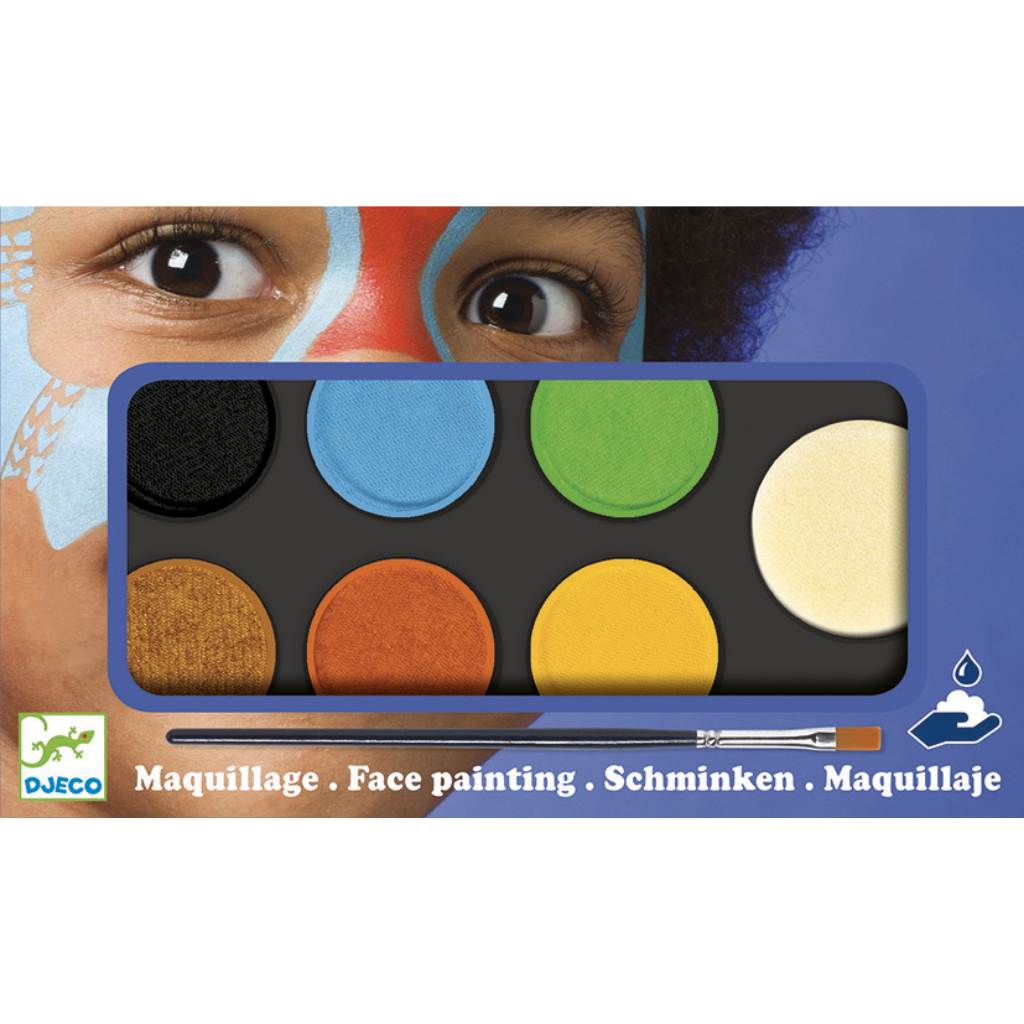 Schminkfarben von Djeco   Eine Palette mit hochwertiger, dermatologisch getesteter Theaterschminke in sechs kräftigen Farben. Ein Pinsel und Abschminkcreme sind enthalten. 