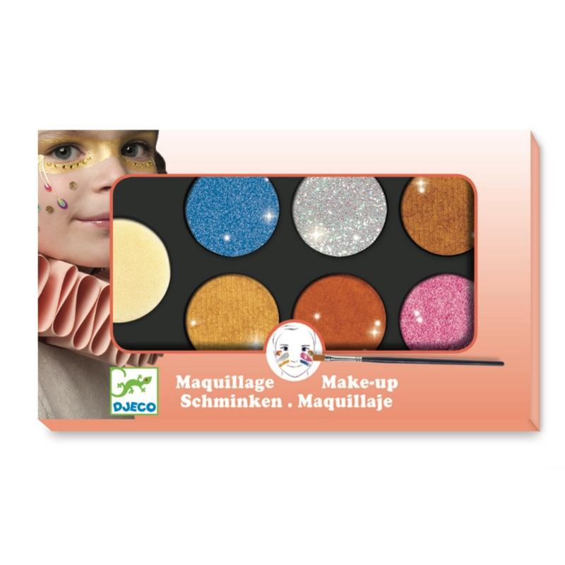 Eine Palette mit hochwertiger, dermatologisch getesteter Theaterschminke in sechs edlen Glitzerfarben. Ein Pinsel und Abschminkcreme sind enthalten. 