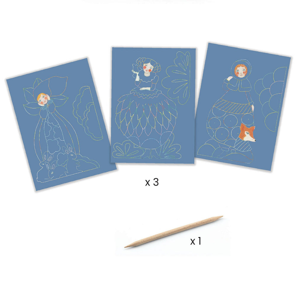 Dieses Set bietet 3 silhouettierte Rubbelkarten im XL-Format für das größte Vergnügen von Kindern! Mit dem Holzstift reproduzieren sie die vom Künstler vorgestellten Muster, indem sie die Oberfläche der Bilder zerkratzen. Die Illustrationen werden so nach und nach enthüllt und die Magie wirkt!  Inhalt: 3 Rubbelkarten (22 x 29 cm), 1 Holzstift mit doppelter Spitze, 1 Farb-Schritt-für-Schritt-Erklärungsheft.