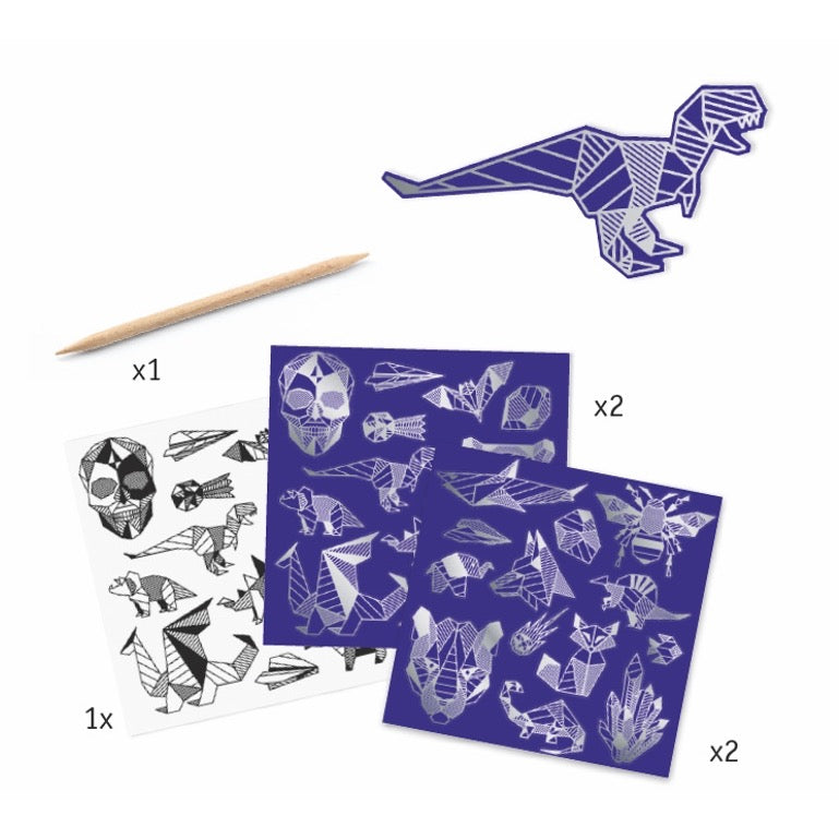 coole motive dinosaurier, skelett Das Kind bildet die vom Künstler gestalteten Sticker durch Freikratzen der Karte nach und gestaltet so eigenständig Sticker zum ablösen und dekorieren mit glänzenden oder metallisch glitzernden Details. 
