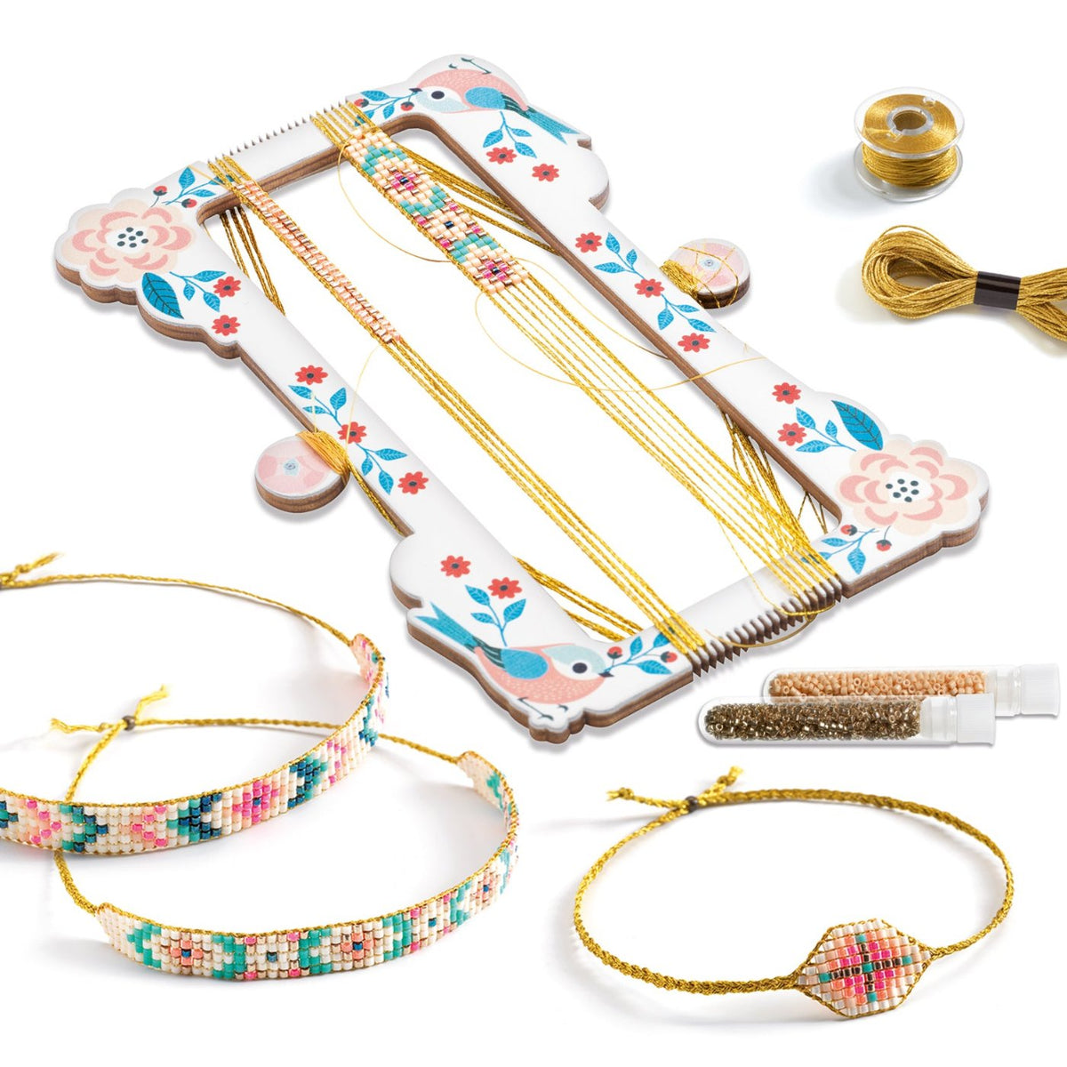 Armbänder und Webstuhl zum selber basteln von Djeco Mit dem Webstuhl lassen sich ganz einfach wundervolle Freundschaftsbänder anfertigen.  Ein Set mit Perlen, um hübsche Armbänder mit Hilfe eines Webrahmens kreieren! Nach der Schritt-für-Schritt-Anleitung und den Vorlagen webt das Kind mit den kleinen bunten Perlen auf dem Webrahmen Dutzende von Armbändern für sich selbst oder zum Verschenken.