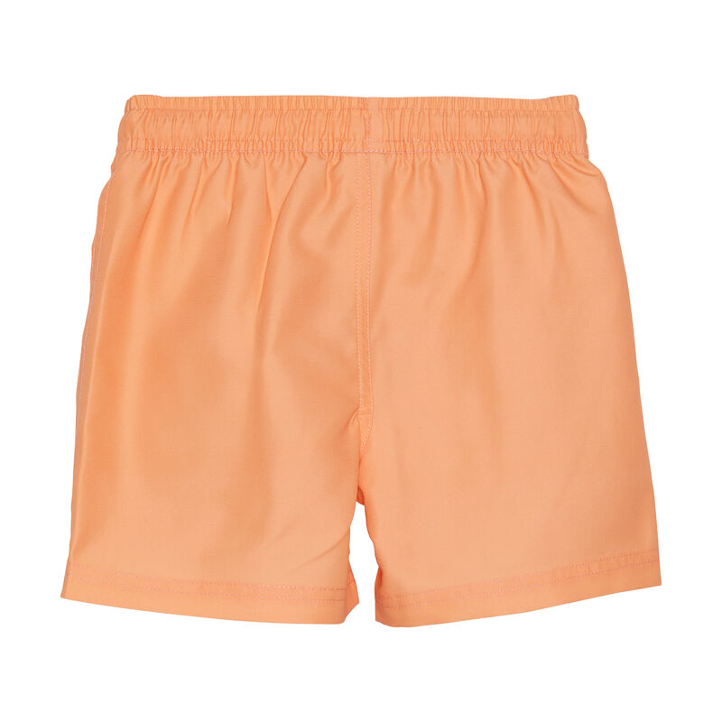 Die Short hat ein gerafftes Bündchen mit Schnürung. Sie ist unifarben in orange erhältlich. Sie hat ein kleines Detail am linken unteren Beinende. Ein kleiner Patches mit "surfing minymo"