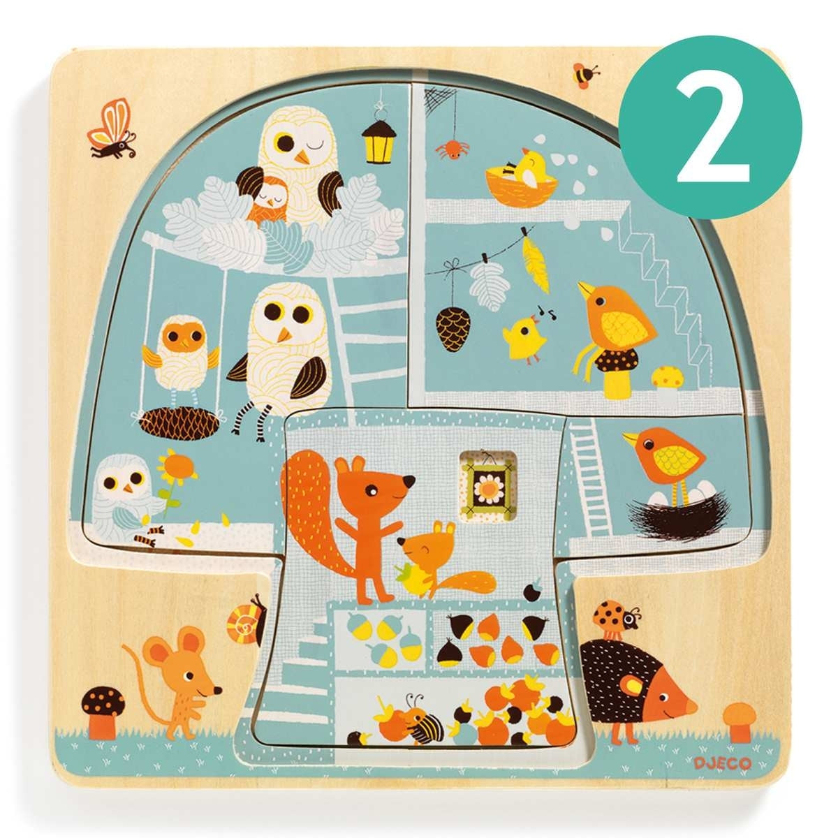 Das 3-Ebenen-Puzzle Chez-Nut ist ein 12-teiliges Holzpuzzle. Jede Ebene umfasst ein Puzzle mit mehreren zusammenzusetzenden Teilen. Je mehr Teile das Kind einsetzt, desto besser erkennt es das Leben der Tiere im Baum.