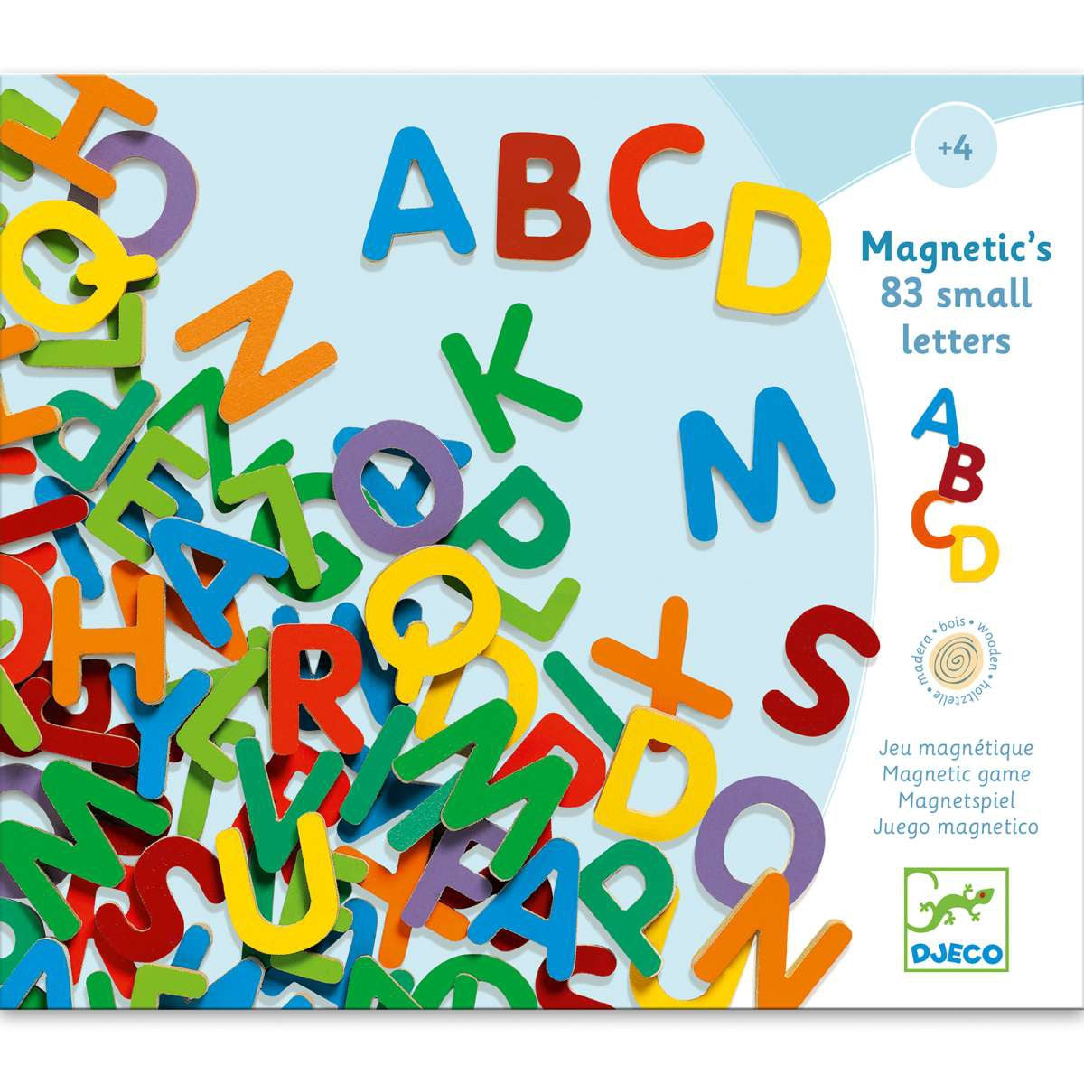 Mit dem Magnetspiel 83 SMALL LETTERS in bunt von Djeco lernen Kinder ab 4 Jahren spielerisch das Alphabet. Die einzelnen Buchstaben sind stabil aus Holz gefertigt, jeweils etwa 3 cm groß und bunt lackiert. Die kindliche Aufmachung regt immer wieder das Interesse an. So animiert das Holz-ABC dazu, erste Worte zu lernen und zu legen - auch am Kühlschrank oder einer Magnettafel. 