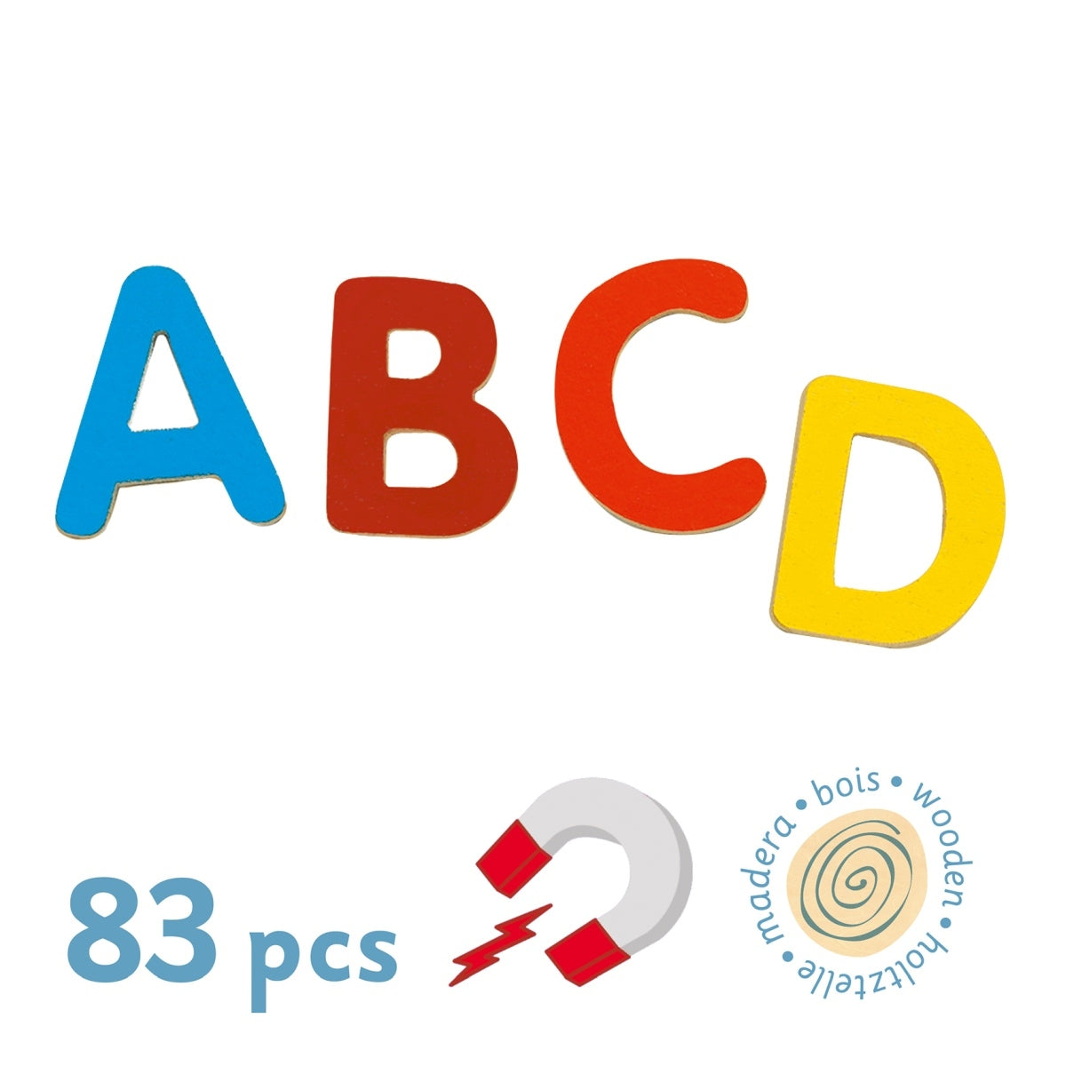 Mit dem Magnetspiel 83 SMALL LETTERS in bunt von Djeco lernen Kinder ab 4 Jahren spielerisch das Alphabet. Die einzelnen Buchstaben sind stabil aus Holz gefertigt, jeweils etwa 3 cm groß und bunt lackiert. Die kindliche Aufmachung regt immer wieder das Interesse an. So animiert das Holz-ABC dazu, erste Worte zu lernen und zu legen - auch am Kühlschrank oder einer Magnettafel. 