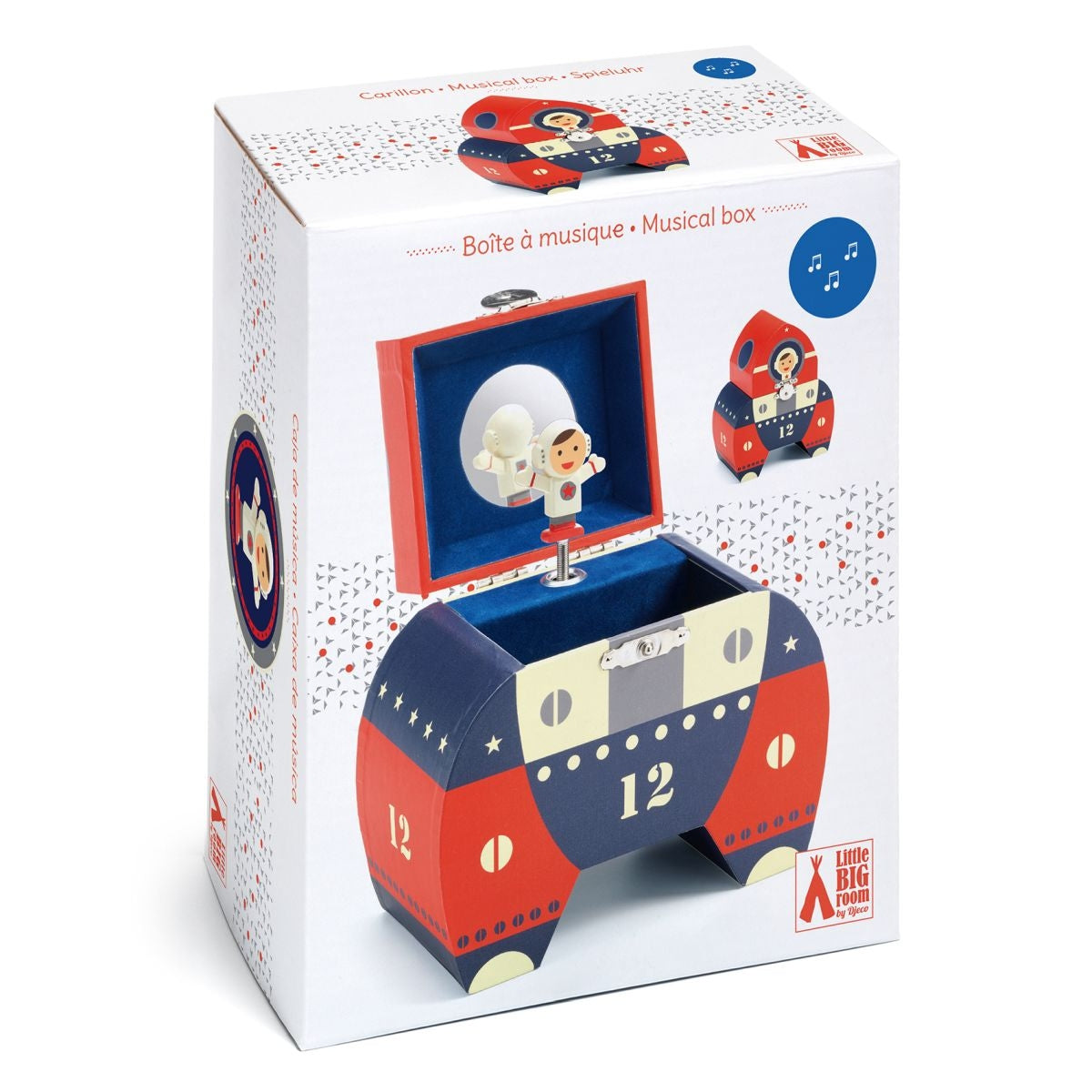 Spieluhr Box - Polo 12 von Djeco Eine sehr dekorative sowie sehr ausgefalle Musikspieluhr von Djeco für kleine Jungen. Öffnet man das süße Kästchen, erscheint vor dem Spiegel eine sich drehender Astronaut und es ertönt die schöne Melodie "Take Me Out To The Ballgame" von Albert von Tilzer. Die Spieldauer beträgt ca. 2-3 Minuten und kann im Inneren immer wieder aufgezogen werden. Ein ganz süßes Geschenk zu jeder Gelegenheit.