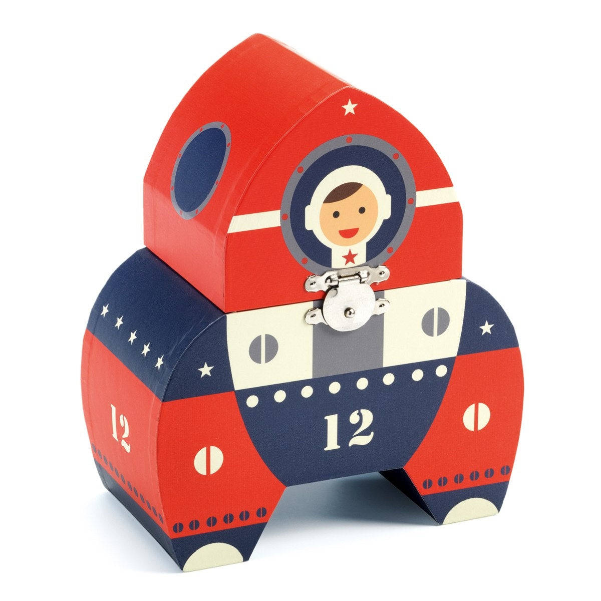 Spieluhr Box - Polo 12 von Djeco Eine sehr dekorative sowie sehr ausgefalle Musikspieluhr von Djeco für kleine Jungen. Öffnet man das süße Kästchen, erscheint vor dem Spiegel eine sich drehender Astronaut und es ertönt die schöne Melodie "Take Me Out To The Ballgame" von Albert von Tilzer. Die Spieldauer beträgt ca. 2-3 Minuten und kann im Inneren immer wieder aufgezogen werden. Ein ganz süßes Geschenk zu jeder Gelegenheit.