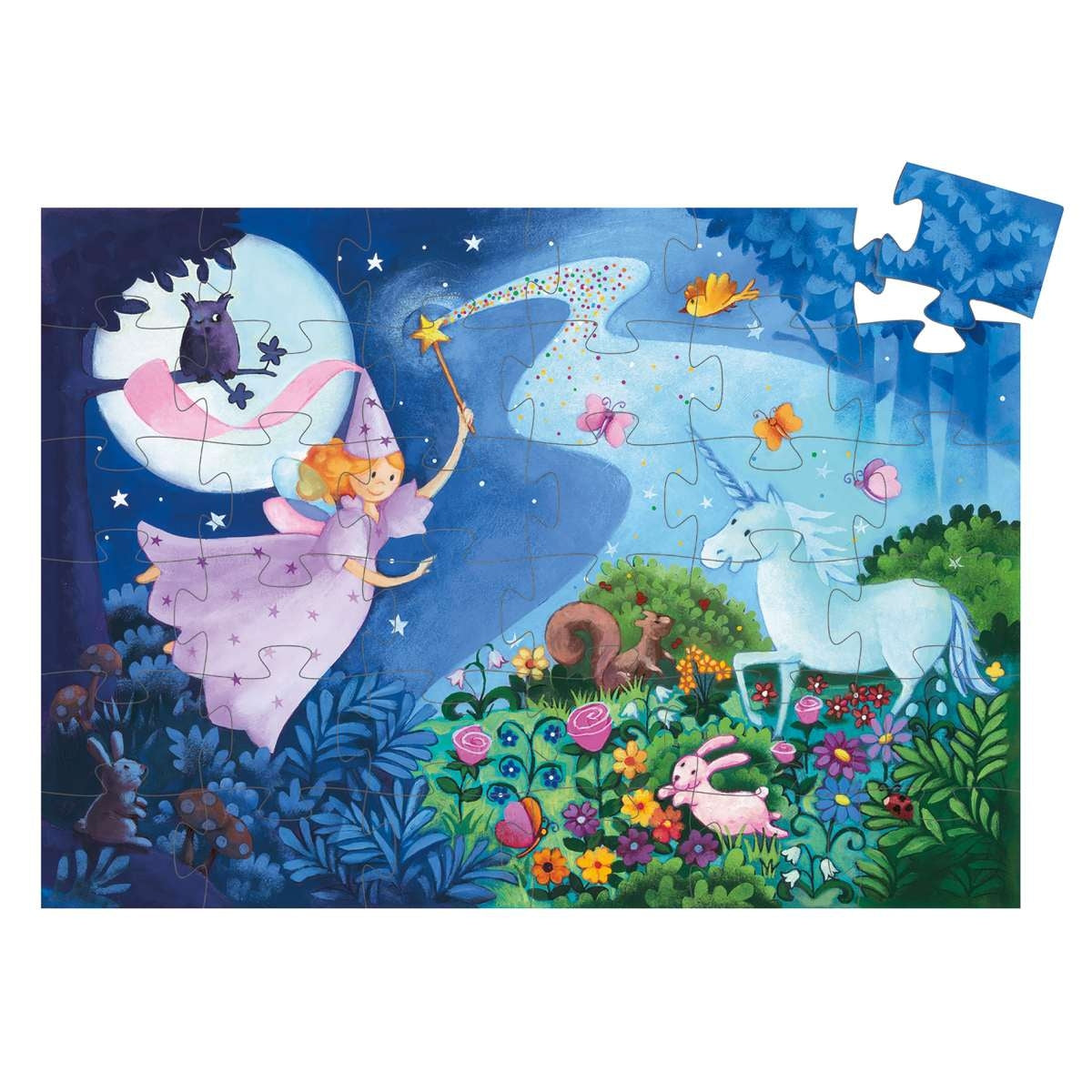 DJECO Puzzle die "Fee und Einhorn" für Kinder ab 4 Jahren mit 36 formstabilen Teilen ist das Lieblingspuzzle vieler Kunden. Märchenhaftes Motiv für kleine Feen. Mit ihrem Zauberstab lässt die Fee das freundliche Einhorn im Licht erstrahlen. Bezaubernde Puzzles in einer ganz besonderen Verpackung kommen nur von Djeco.