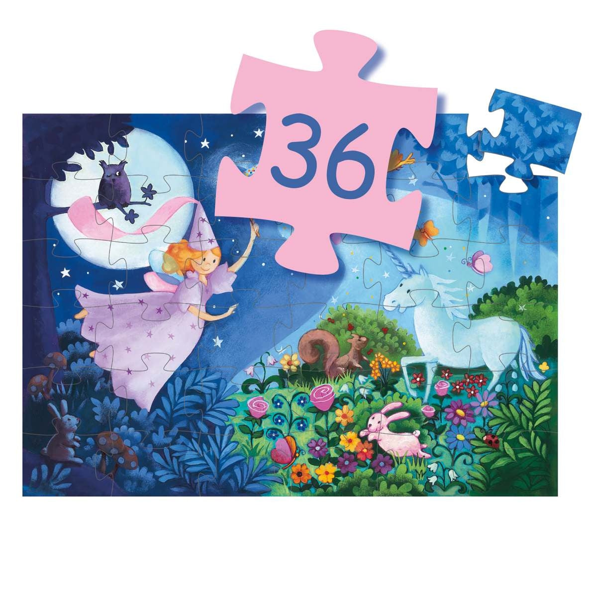 DJECO Puzzle die "Fee und Einhorn" für Kinder ab 4 Jahren mit 36 formstabilen Teilen ist das Lieblingspuzzle vieler Kunden. Märchenhaftes Motiv für kleine Feen. Mit ihrem Zauberstab lässt die Fee das freundliche Einhorn im Licht erstrahlen. Bezaubernde Puzzles in einer ganz besonderen Verpackung kommen nur von Djeco.