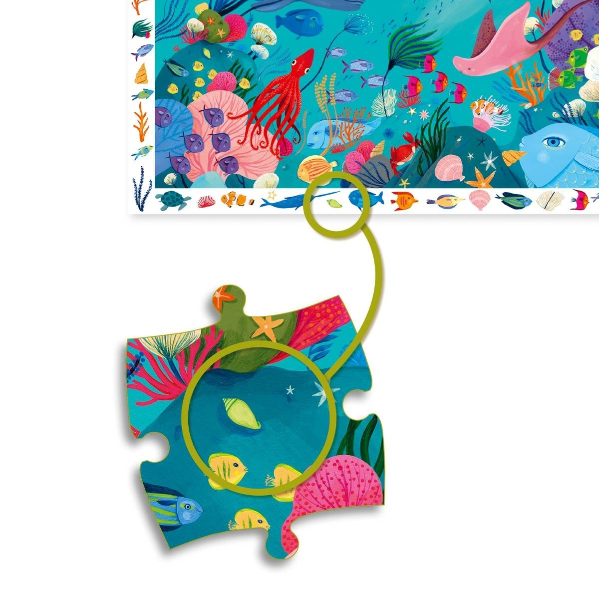 35 Teile Puzzle Ein doppelter Knobelspaß für Tierfans ab 4 Jahren. Aus 54 Teilen lässt sich eine tolle Unterwasserwelt zusammensetzen - und was sich da alles tummelt! Am Rand sind Bildausschnitte abgebildet, die im Hauptmotiv wiedergefunden werden sollen. Eine tolle Beschäftigung für dich und deine Freunde - wer findet den Schwertfisch zuerst?