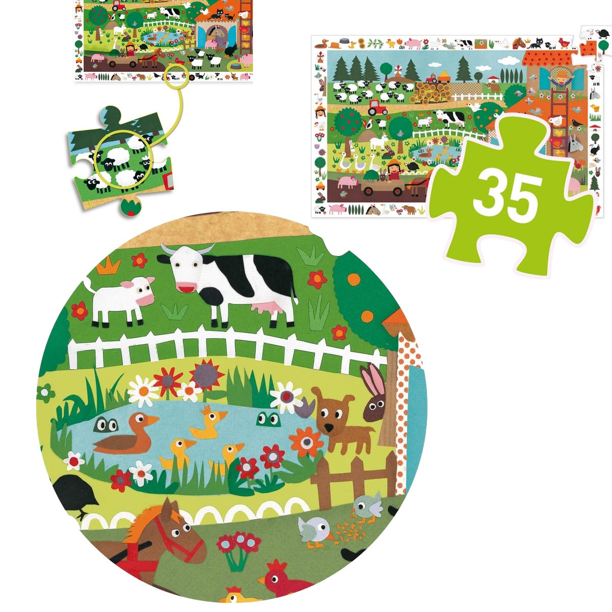 35 Teile Was gibt es nicht alles auf einem Bauernhof zu entdecken! Schafe, Kühe, Traktoren - all das tummelt sich auf dem Bauerhof-Puzzle von Djeco. Und wo hat sich denn das kleine Häschen versteckt? Das Puzzle bietet allerhand feine Details, die das Puzzle-Erlebnis noch spaßiger machen.
