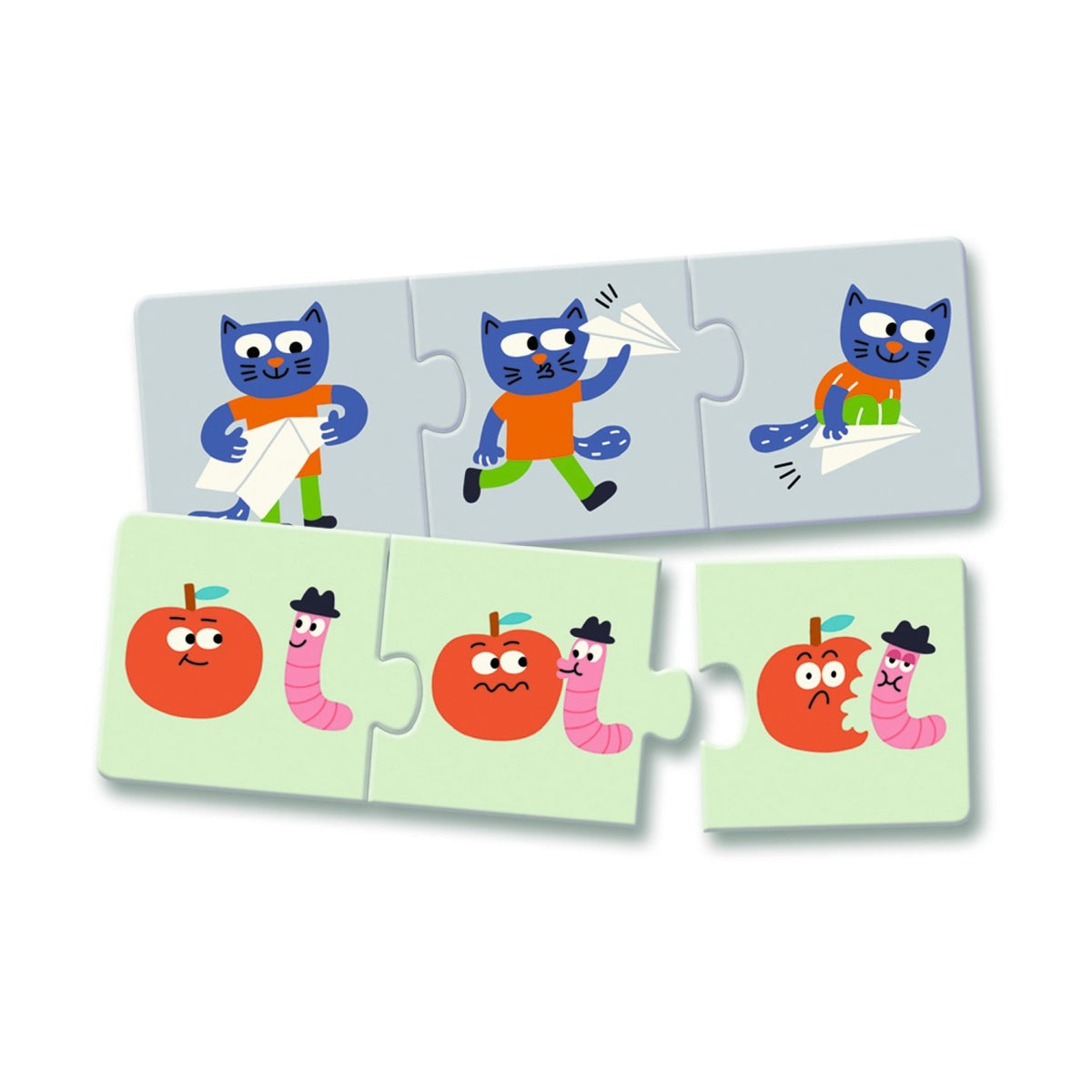 Das Djeco Puzzle trio: Geschichten ist ein Lernspiel für Kinder ab 3 Jahren mit 8 Mini-Puzzle. Jedes kleine Puzzle besteht aus drei Teilen, werden sie richtig zusammengesetzt, ist eine lustige Geschichte zu sehen. Puzzlespaß und Lerneffekt!