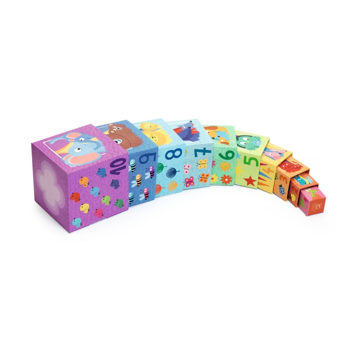 Stapelwürfel in den Farben des Regenbogens  10 dicke Pappwürfel zum Ineinanderstecken, Stapeln und Ablegen nach Belieben! Das Kind stapelt die Würfel so, dass die Abbildungen eine logische Reihenfolge bilden.