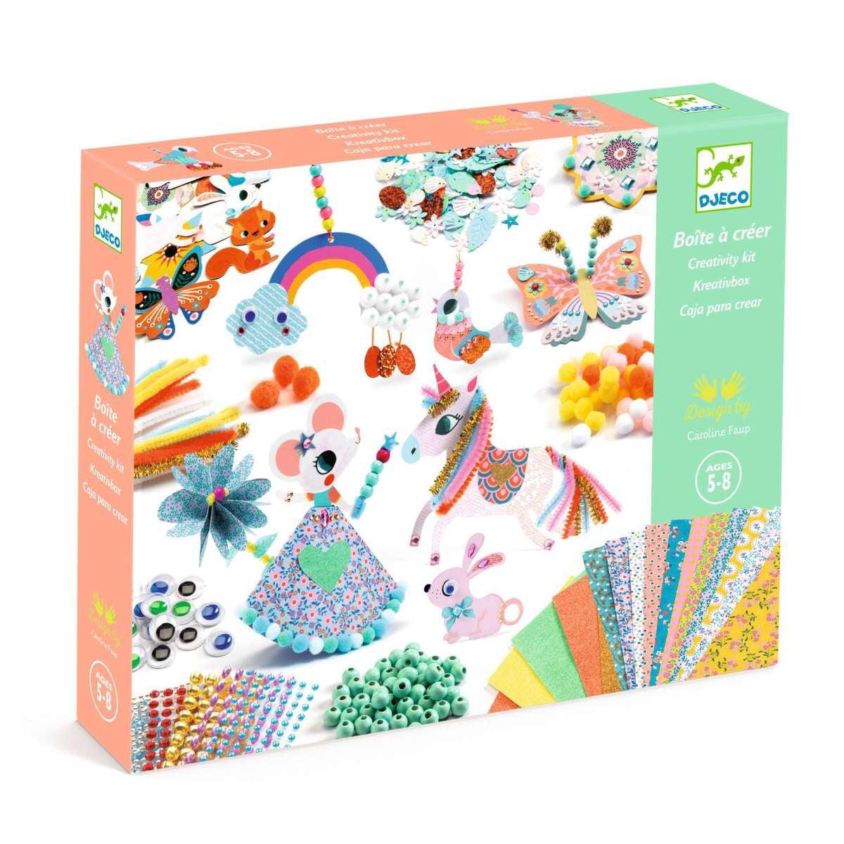 Die DJECO Kreativbox für Kinder ab 5 Jahre enthält alles, was man für kreativen Bastelspaß benötigt. Es gibt verschiedene Materialien wie Perlen, Pompons, bewegliche Augen, Sticker, Edelsteine, Chenille-Draht... und auch Ideen für unterschiedliche Bastelprojekte sind mit dabei.