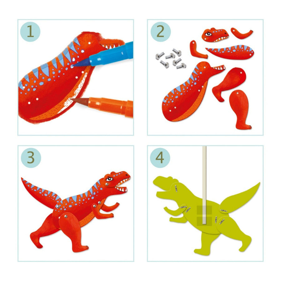Dino-Fans können mit dem Bastelset 6 Dinosaurier farbig gestalten und aus den einzelnen Teilen zusammenbauen. Zum Fixieren dienen Musterklammern, sodass die Gliedmaßen bewegt werden können. Außerdem liegen Stäbe bei, die das Rollenspiel mit den fertigen Figuren erleichtern. Das macht Spaß und Kreativität und Feinmotorik werden gestärkt. 
