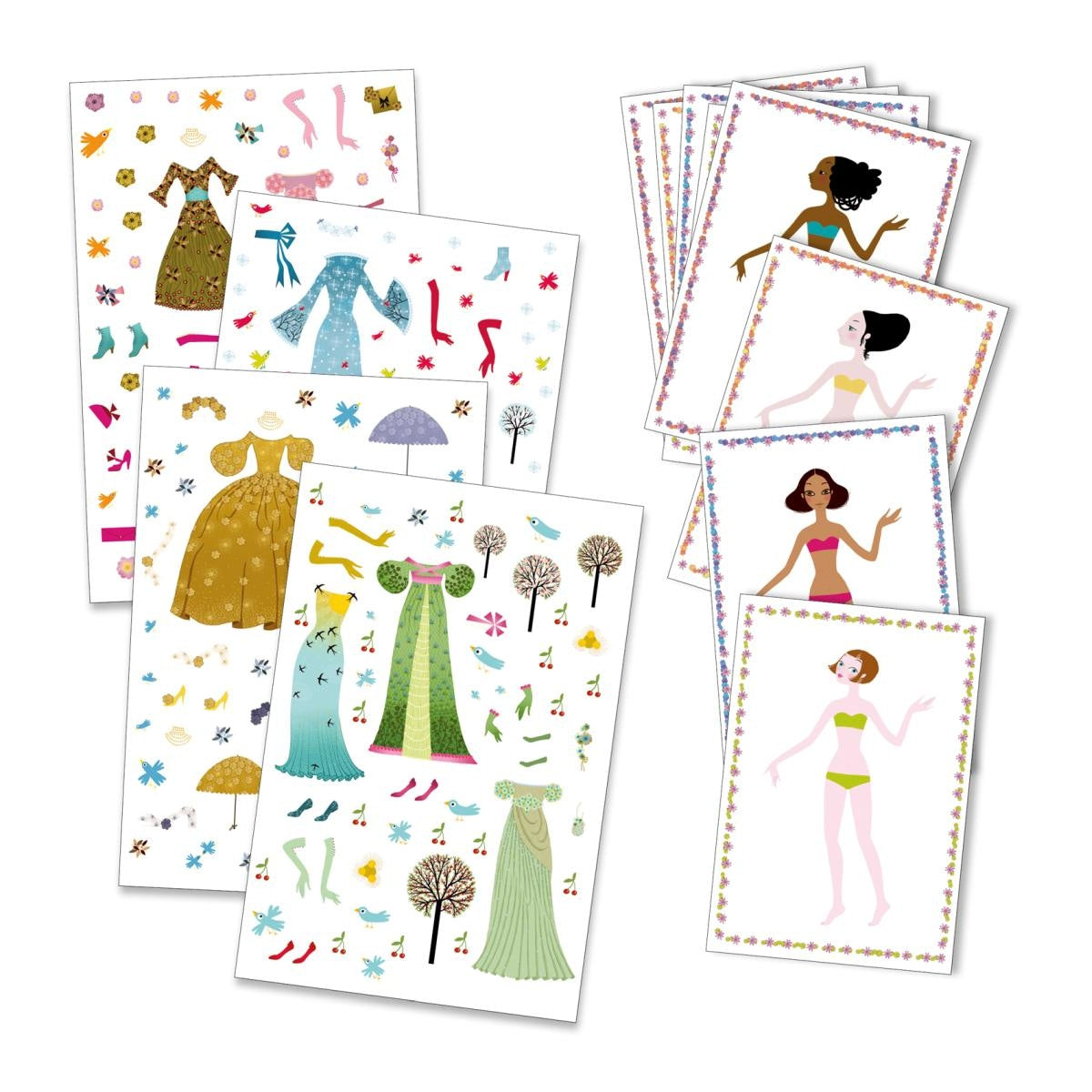 Sticker & Anziehpuppen - Kleider für 4 Jahreszeiten von Djeco 8 Karten, gut verstaut in einer hübschen Mappe, mit Figuren zum Ankleiden und einer Vielzahl von selbstklebenden und austauschbaren Kleidungsstücken und Accessoires.