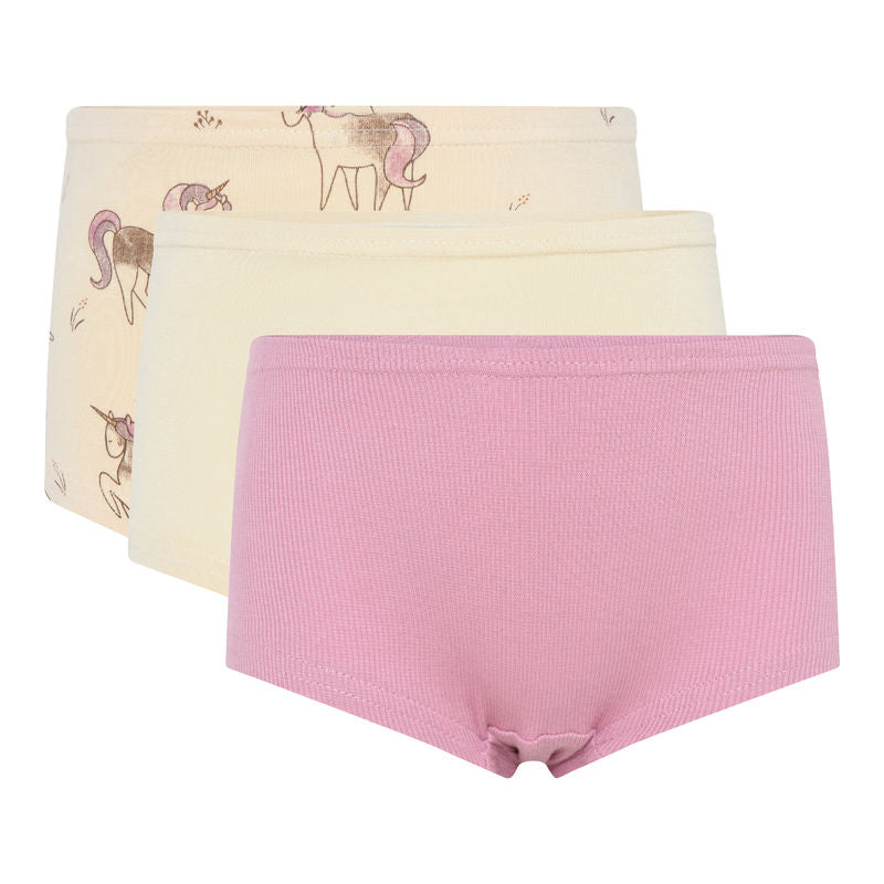 Die 3-Pack Hipsters von Minymo beinhaltet 3 Unterhosen. 1x mit Einhornaufdruck, 1x gerippt in rosa, 1x in creme. Material: 95% Baumwolle / 5% Elastan Pflege: 40 Grad. Nicht Wäschetrockner geeignet.