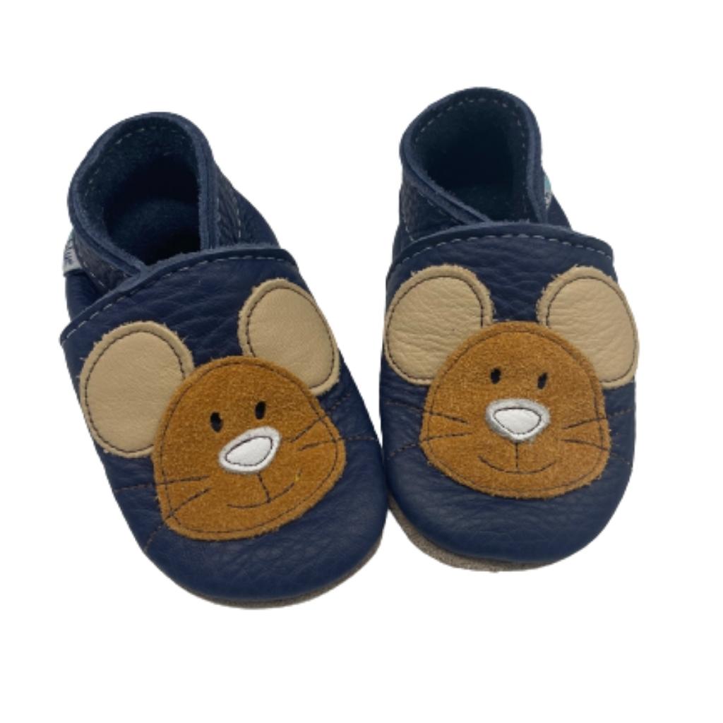 Lederschuhe Lederpuschen für Baby und Kleinkind, dunkelblau mit Mäuse