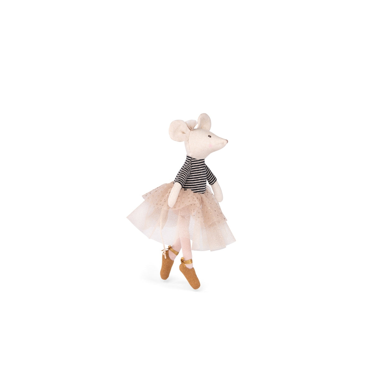 MOULIN ROTY Ballerina Maus Suzie aus der kleinen Tanzschule. Die zauberhafte Moulin Roty Spielpuppe (26cm) trägt ein Tütü und ein Ringelshirt. Hier und da glitzert das Gewand. Ein zauberhaftes Geschenk für kleine Mädchen.