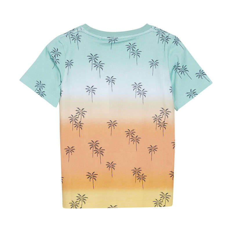 Das Shirt hat kleine Palmen aufgedruckt und hat einen schönen Farbverlauf, wie bei einem Sonnenuntergang.