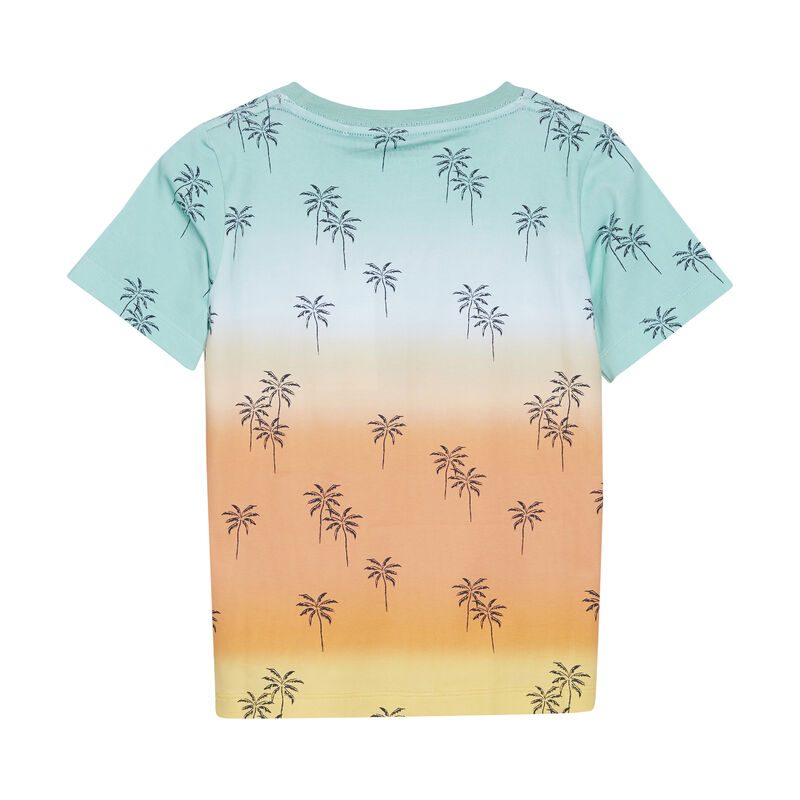 Das Shirt hat kleine Palmen aufgedruckt und hat einen schönen Farbverlauf, wie bei einem Sonnenuntergang.