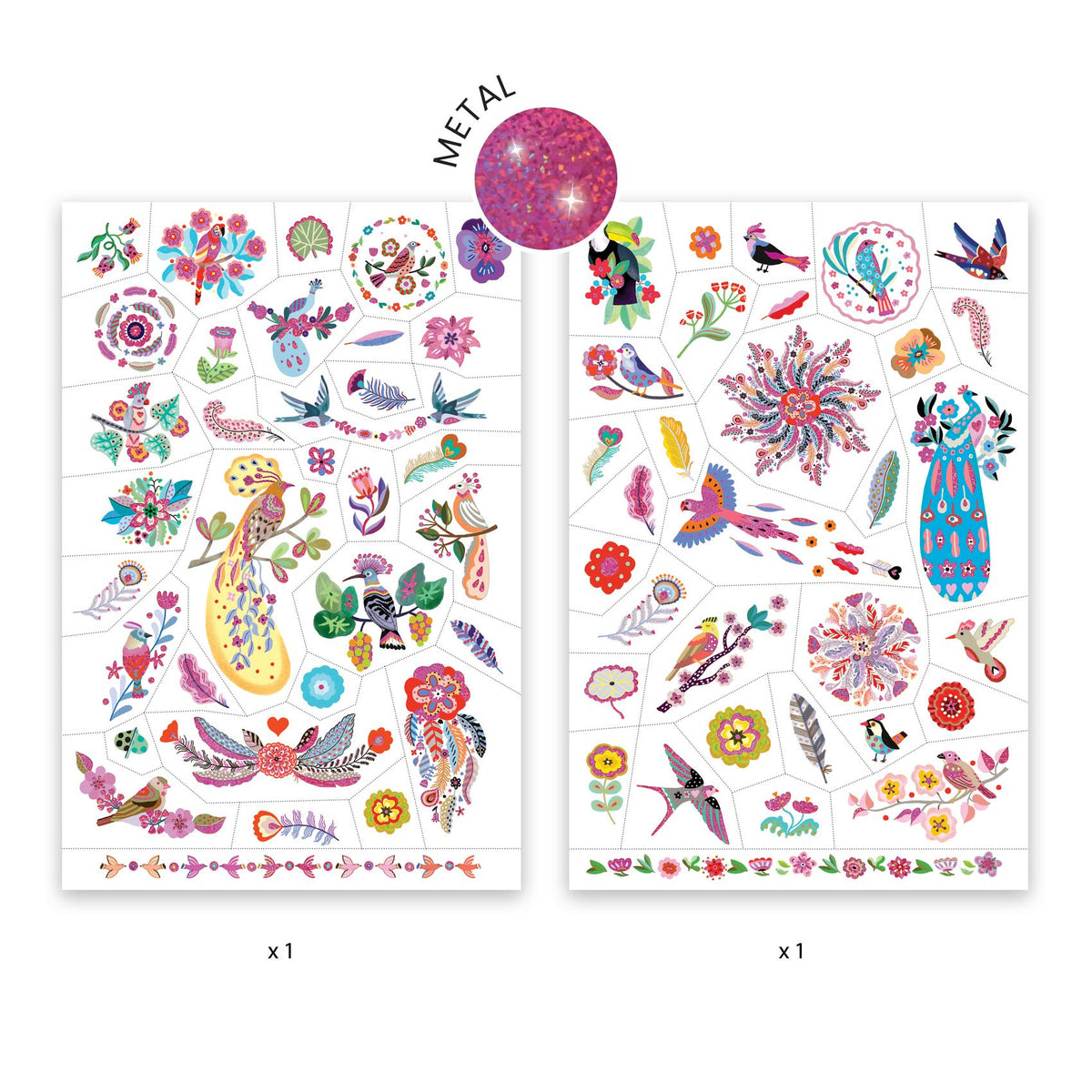 Tattoos Farbenfrohe Vogelwelt von Djeco Zwei Bögen mit temporären Tattoos rund um das Thema Vögel. Raffinierte Illustrationen voller Details und Poesie, durchsetzt mit rosafarbenen Metallic-Illuminationen, die ihr Gefieder prächtig zur Geltung bringen. Die vorgestanzten temporären Klebetattoos sind einfach anzuwenden und werden mit etwas Wasser aufgetragen.