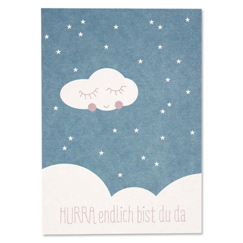 Postkarte blau "Hurra endlich bist du da" | ava & yves
