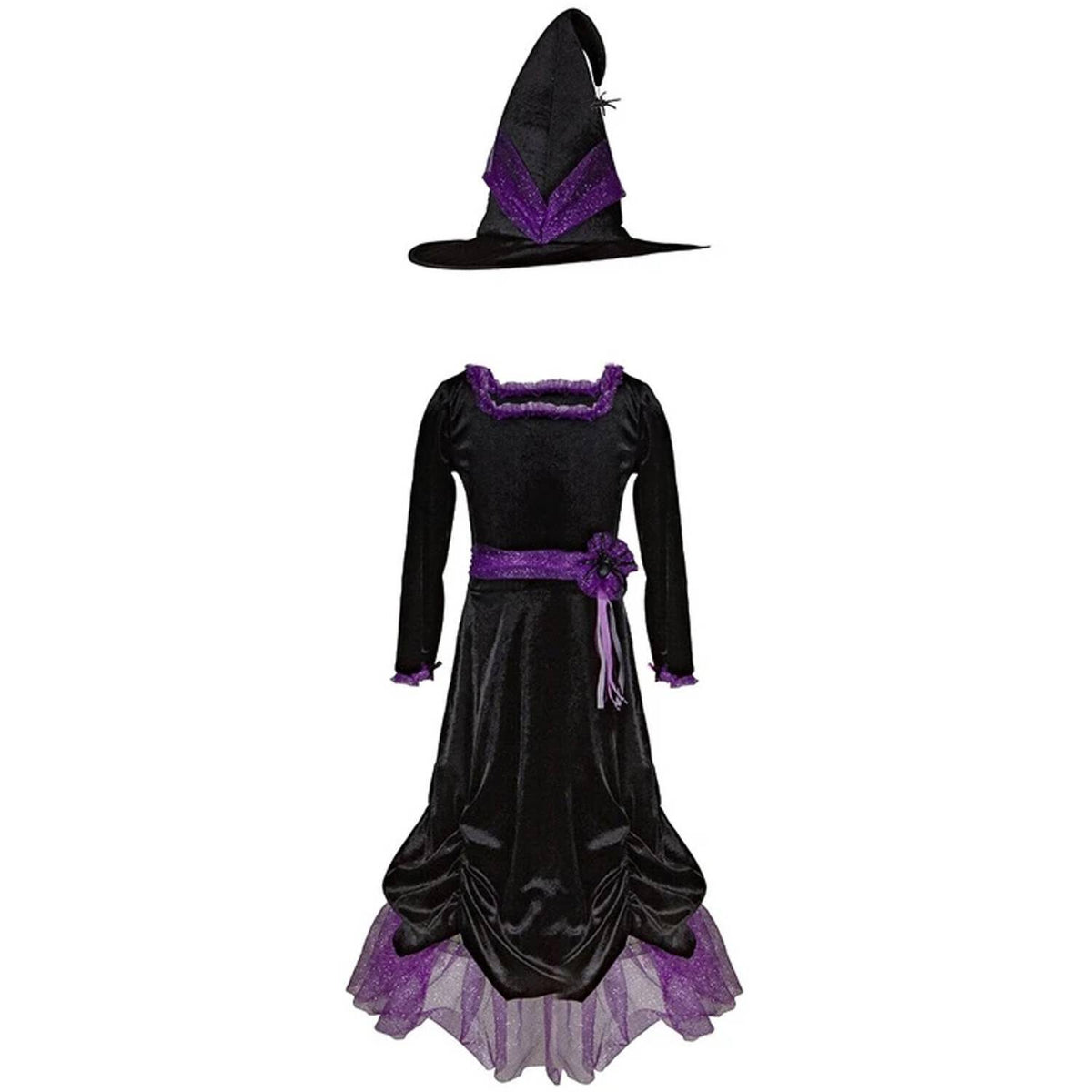 Dieses schwarze  Hexenkleid mit Glitzerrüschen in lila wird mit Samthut geliefert und ist perfekt für jede Party an Halloween, Fasching oder Karneval. Hex, Hex und der Spaß beginnt. 