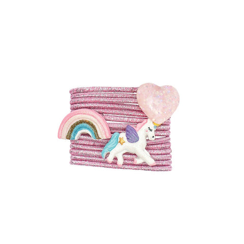 Bringen Sie Farbe in Ihren Pferdeschwanz mit diesen Haarbändern mit Regenbogen-, Herz- und Einhorncharme. 