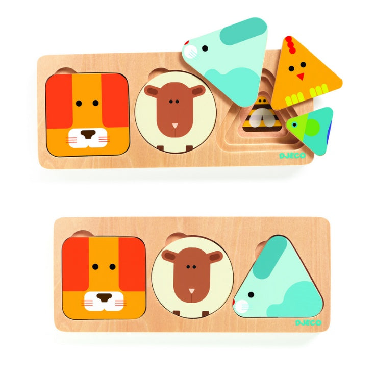 Ein allererstes Holzpuzzle mit 3 Ebenen, mit dem Kinder ab 12-18 Monaten spielerisch lernen, Formen und Größen zu erkennen und zuzuordnen. Das Kind hat Spaß daran, die Teile entsprechend ihrer Form und Größe auf 3 Ebenen an die richtige Stelle zu legen. Die Tiere Löwe, Hase und Schaf sind in einem schlichten, farbenfrohen Design dargestellt.