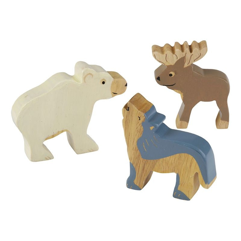 Das 3-teilige Holztier-Set Tiere der Arktis besteht aus Eisbär, Elch und Wolf. Das Set ist eine schöne und nachhaltige Geschenkidee für Kinder. Hergestellt aus Fairtrade-Kautschukbaumholz, handgefertigt und handbemalt - jedes Tier ein Unikat - genauso wie in der Natur. Plastikfrei, vegan und schadstofffrei. Zur Bemalung wurden nur FDA-geprüfte und mineralienbasierte Farben verwendet