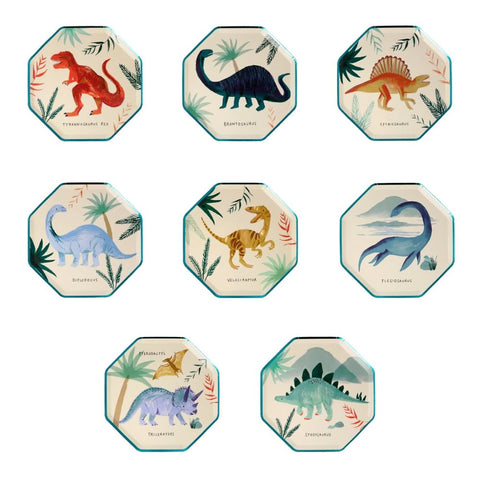 Lassen Sie Ihre Dinosaurier-Party mit diesen brillanten Dinosaurier-Königreich-Tellern noch grandioser aussehen. Sie zeigen wunderschöne Illustrationen berühmter Dinosaurier mit kupferfarbenen und grünen Foliendetails.