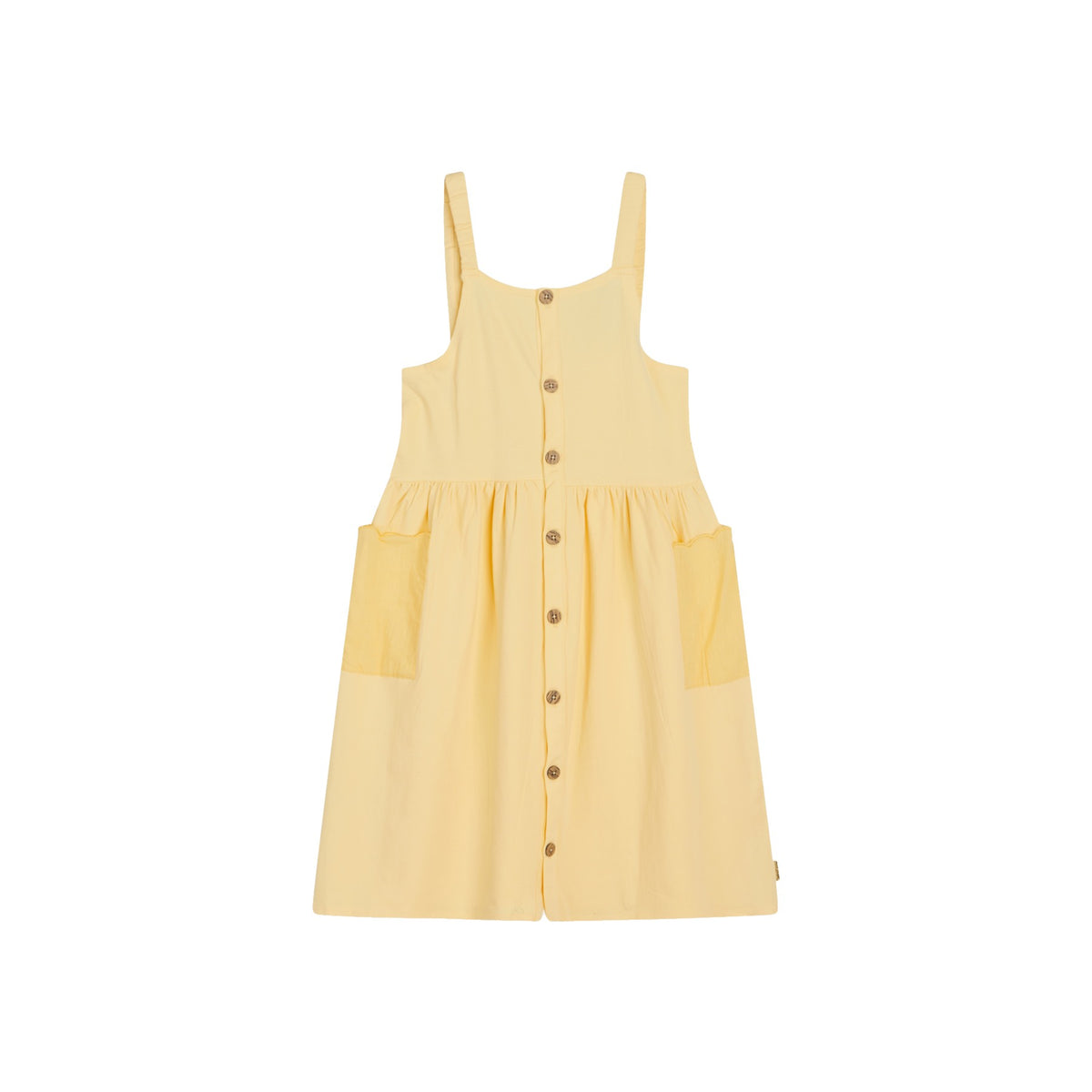 Das Kleid ist unifarben und hat eine Knopfleiste auf der Vorderseite. Es ist an der Taille gerafft und hat seitlich Taschen aufgenäht. Ein schönes, lässiges Kleid für den Sommer