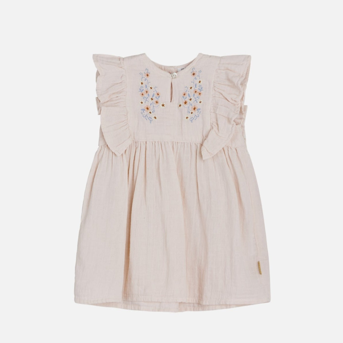 Das Kleid ist unifarben und hat eine sehr schöne, dezente Blumenstickerei an der Brust. Es hat seitlich an der Schulter Rüschchen. Es hat auf der Rückseite einen Reißverschluss. Ein wunderschönes Kleid für besondere Anlässe. Es ist aus weichem Musselinstoff.