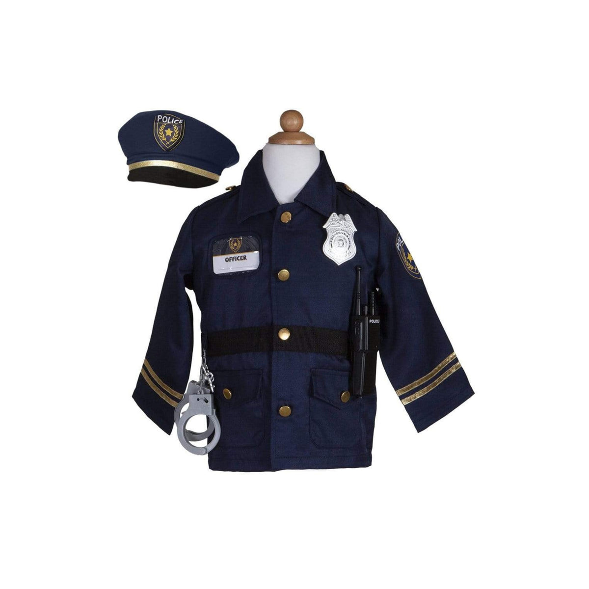 Das Polizisten-Set enthält: Jacke, Mütze, Handschellen, Walkie Talkie, Abzeichen und Namensschild.