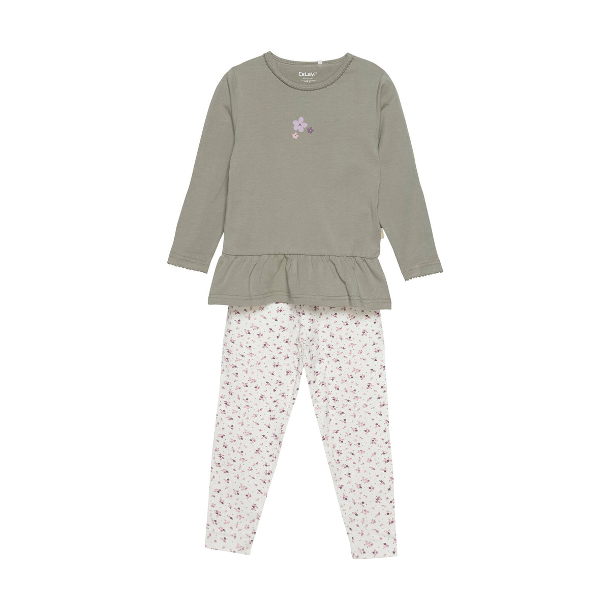 Das Shirt hat Bündchen an den Ärmel und die Hose hat einen weichen Gummibund und ein Bündchen an den Beinen. Das Oberteil und Unterteil hat Blumenprints.   Besteht aus 95% Baumwolle / 5% Elasthan.