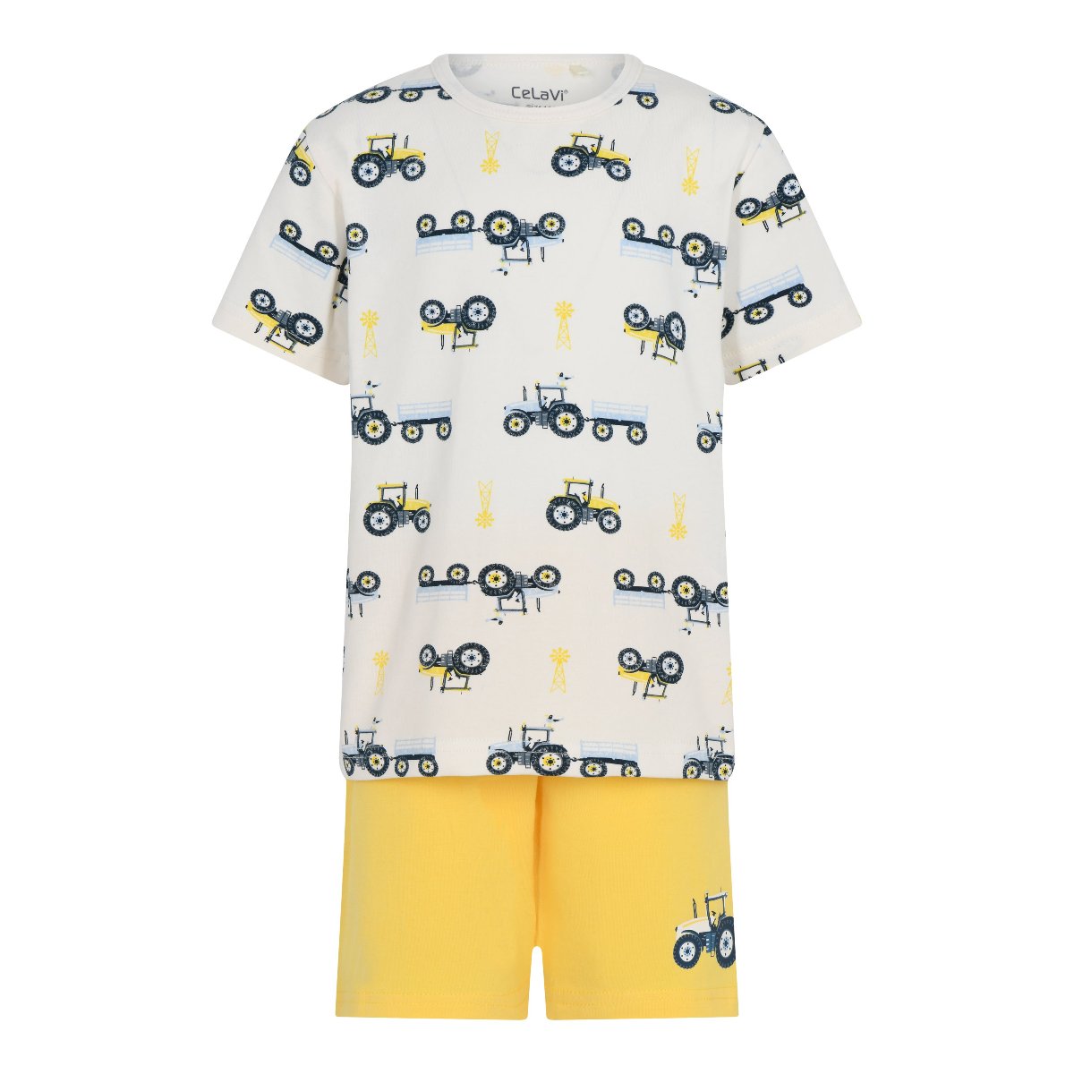 Cooler Sommer-Pyjama mit Traktoren! Weicher Schlafanzug für ein angenehmes Tragegefühl, Einfaches An- und Ausziehen, auch über die Windel dank elastischem Material  Material: 95% Baumwolle, 5% Elasthan  Pflege: 40 Grad, schontrocknen